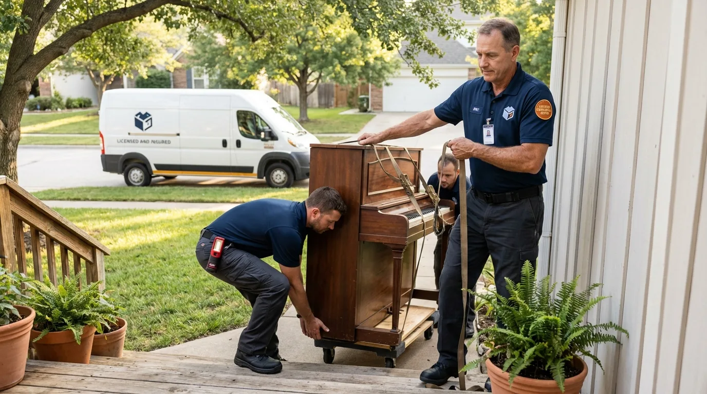 Licensed piano movers securing grand piano in Truckee, CA