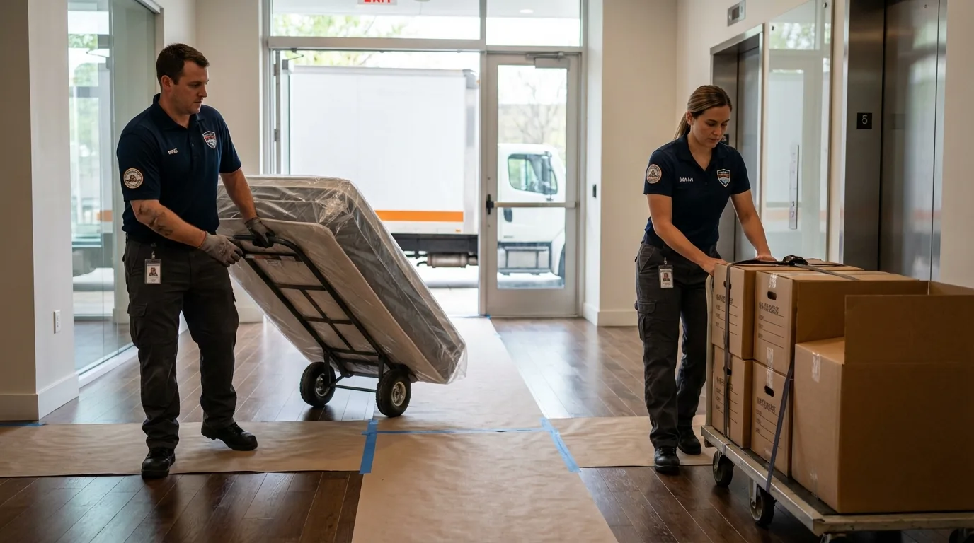 Professional apartment movers loading elevator in Truckee, CA